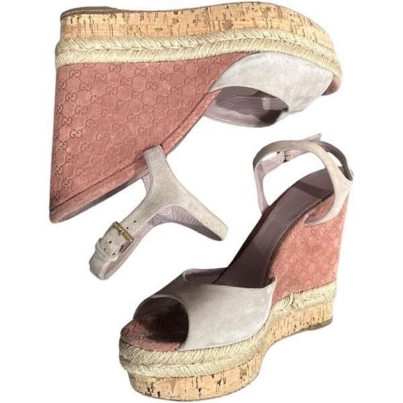 GUCCI Micro GG Monogram Slingback Heel Platform Wedge Shoes Espadrille Leather S - Picture 1 of 9